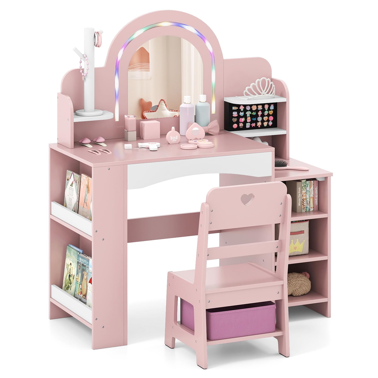 COSTWAY Tocador Niña con Espejo y Luces, Tocador de Maquillaje Niña con Estantes Abiertos, Soporte para Joyas, Estantería de 2 Niveles y Caja de Tela, Mesa de Maquillaje para Niñas de 3+ Años (Rosa)