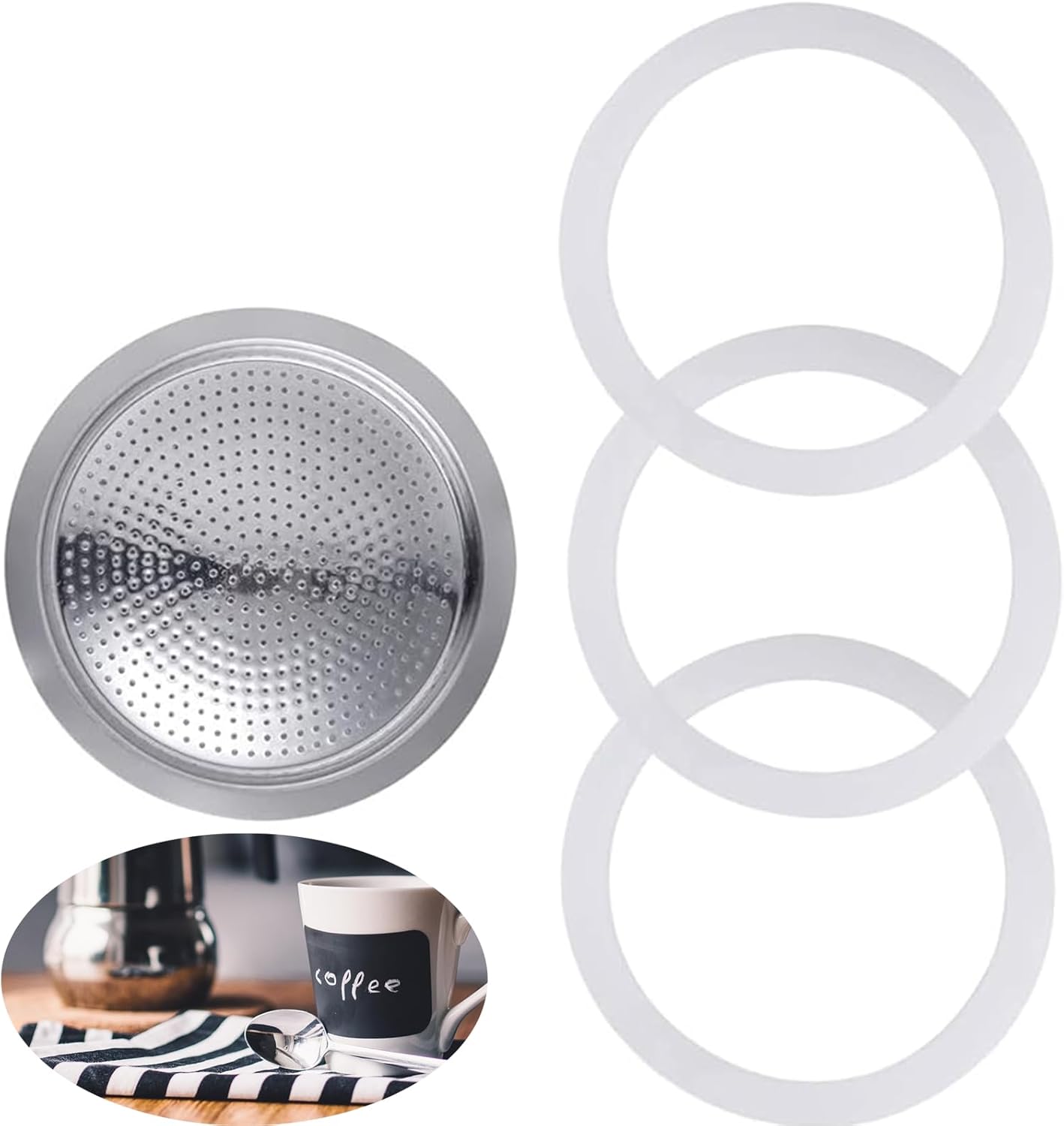 3 Pieces Gaskets and 1pc Replacement Filter for Coffee Maker, Reusable Aluminium Coffee Filter Universal Replacement Food Grade Silicone Repair Kit Gaskets for Coffee Makers 6 Cups