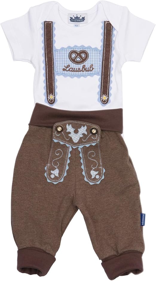 Eisenherz Baby,Clothing,Baby Boys 0-24m,Bodysuits & One-Pieces,Bodysuits Bayern Bavaria Children Traditional Clothes Set for Cheeky Boys Lausbub. Baby Romper with Short Sleeves and Imprint of Suspenders & Baby Sweatpants in Lederhosen Look, Brown - a Great Present