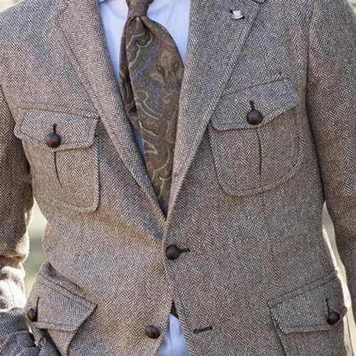 Men Herringbone Tweed Jacket Multi-Pocket Blazer Tux for Wedding Dinner3
