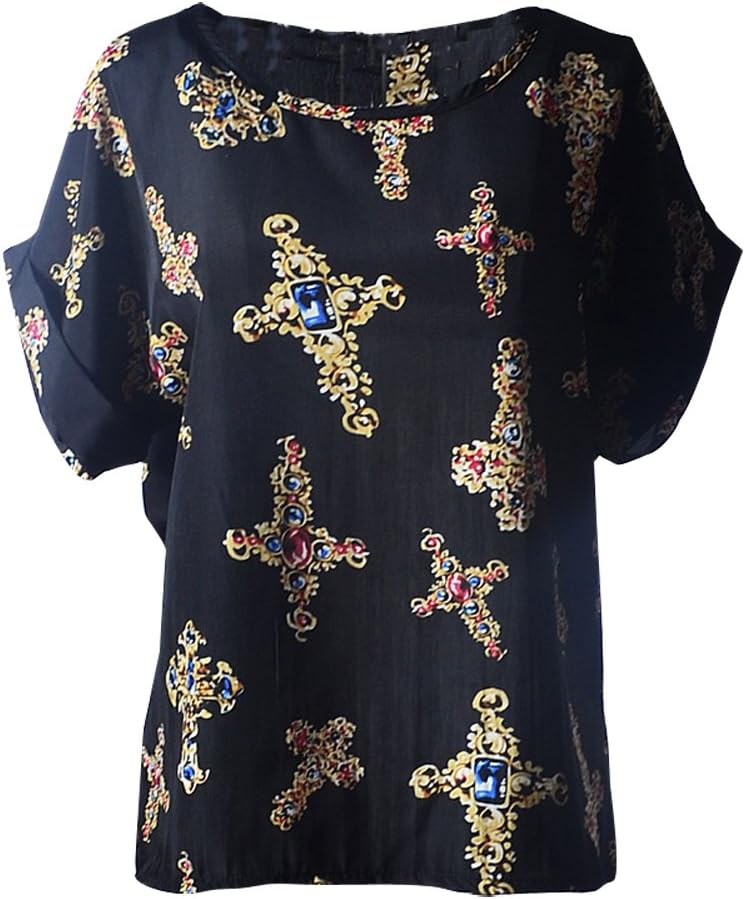Shawhua Womens Cute Geometric Print Loose Chiffon Blouses Top Shirt Large Cross Black