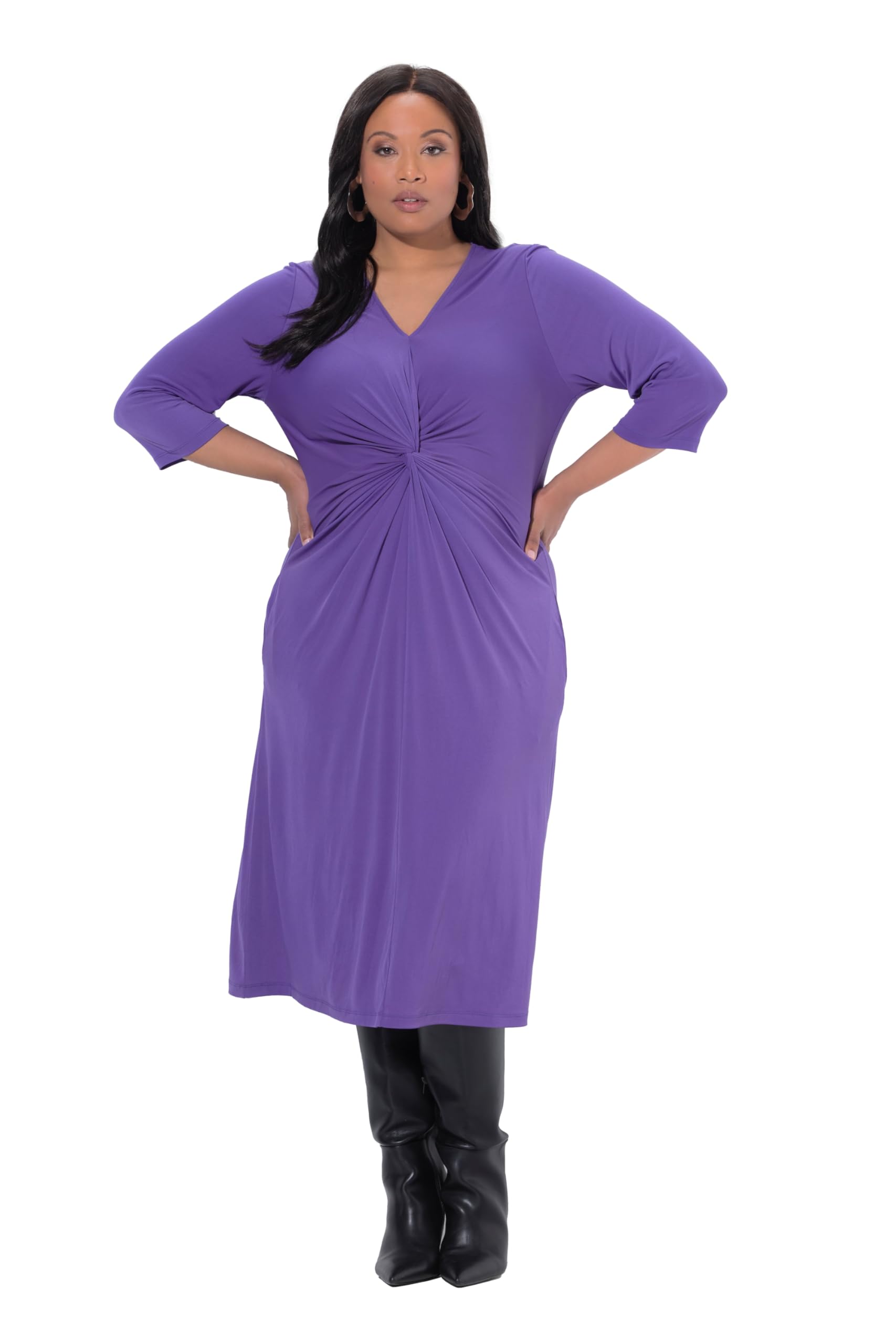 Ulla Popken Damen große Größen Übergrößen Plus Size Midikleid, A-Linie, V-Ausschnitt, 3/4-Arm, Taschen 847101