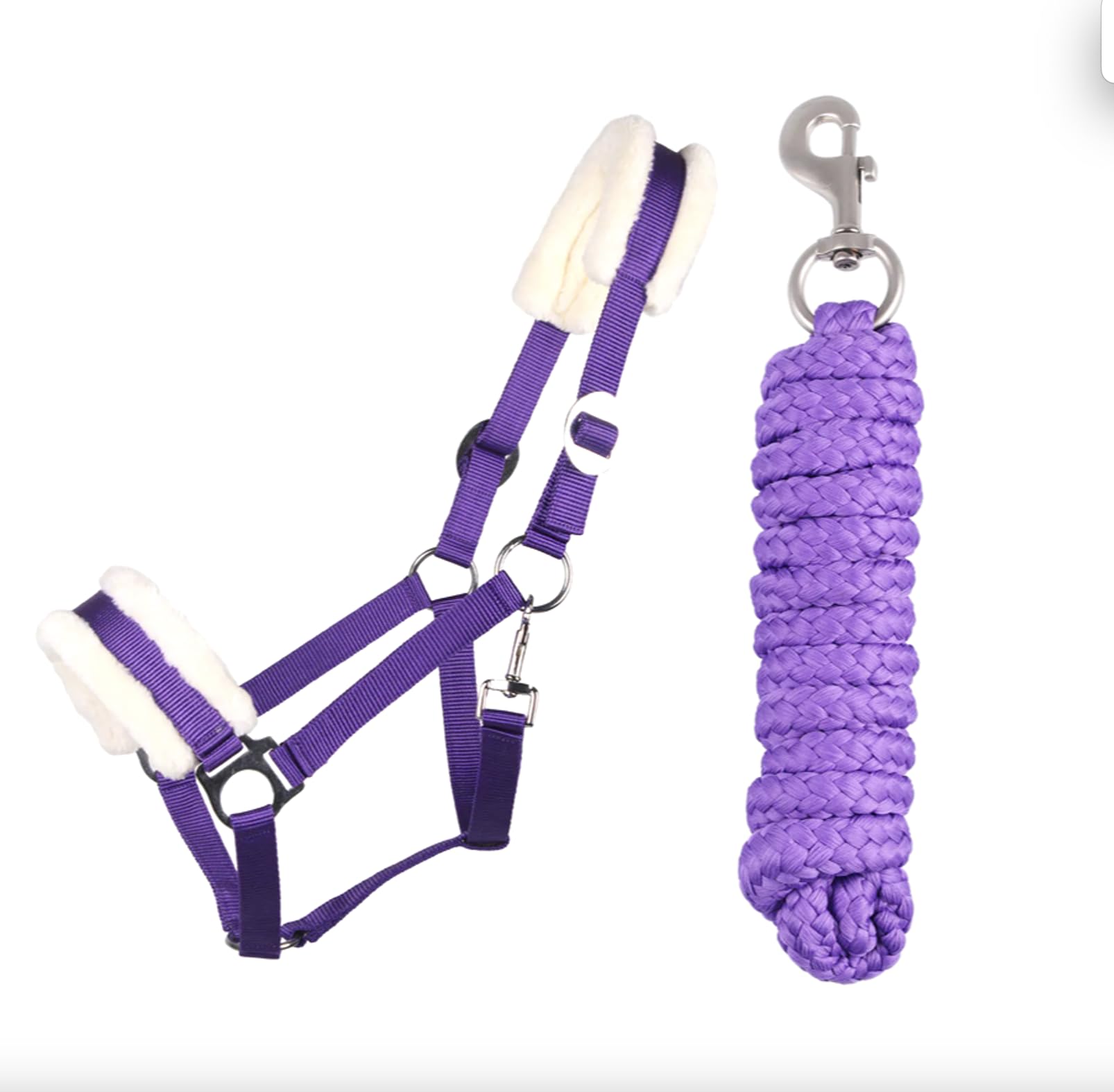 JA Horse Faux Fur Halter Lead Rope Set with Carabiner Hook Adjustable Horse Halter Horse Wooden Horse Tie Rope (Purple, Cob)
