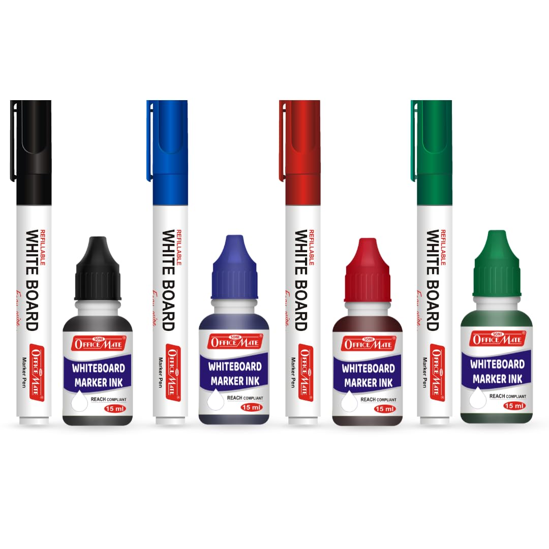 Soni Officemate Whiteboard Marker Combo | 4 Markers + 4 Inks | Refillable, Low Odor | Smooth Writing | Black, Blue, Red, Green | 4.43 mm Tip | Set of 1 (Multicolour)-image-44