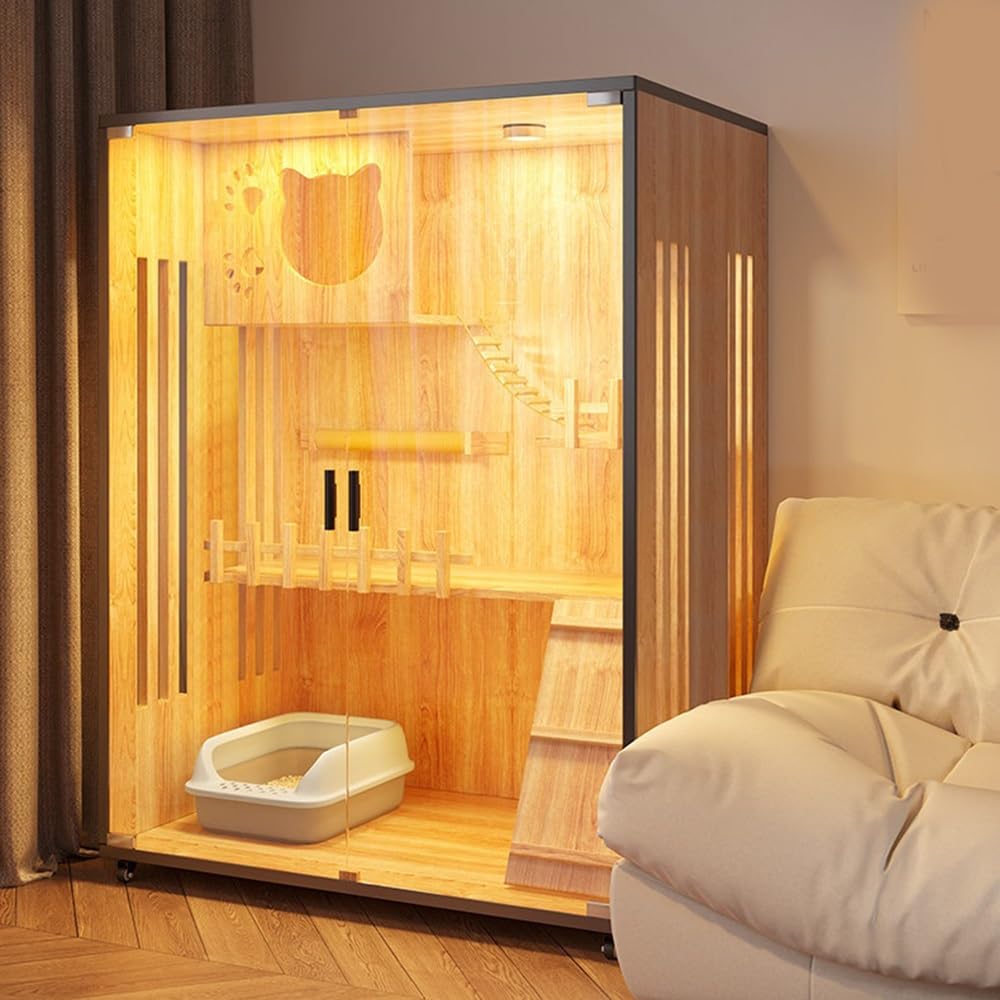 villa per gatti Recinto for gatti grande in legno con luce LED e ruote Per interni(Piccolo)