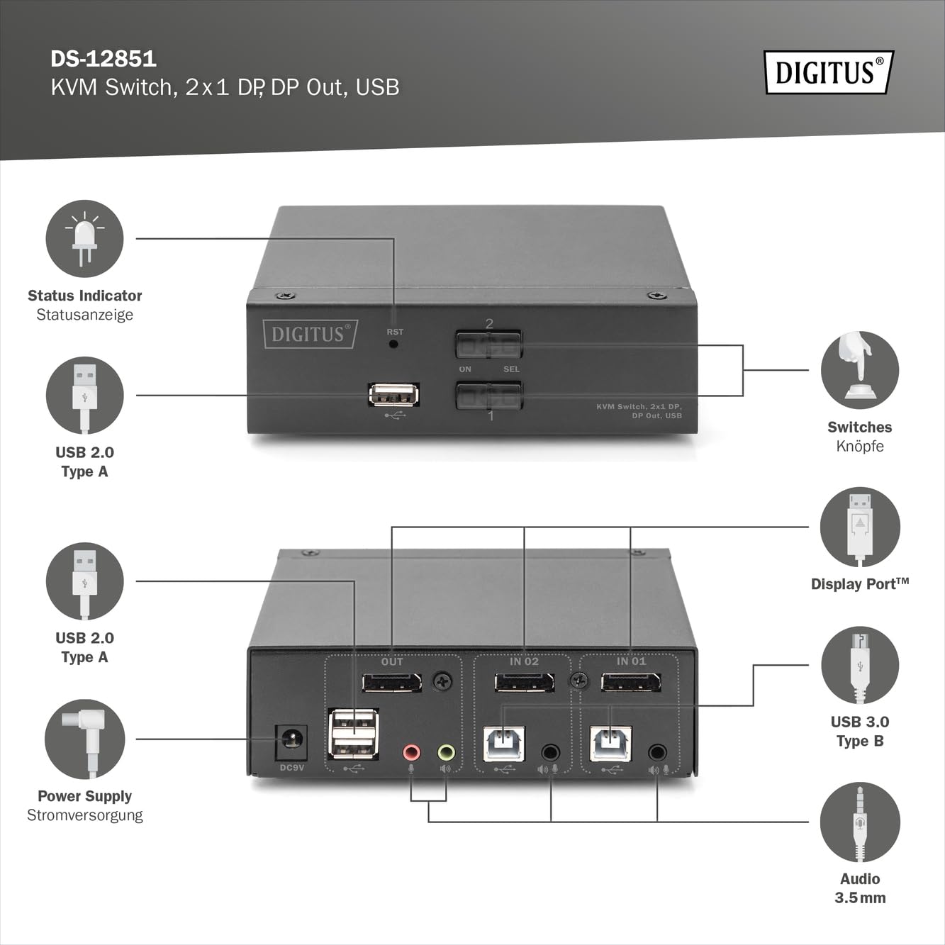 DIGITUS Displayport KVM-Switch – 2-Port Single-Display – 2 PC 1 Monitor – 1x Maus, Tastatur & Audio für 2 Computer – UHD 4K@60Hz (4096 x 2160p) – Hot-Key Umschalter – 1x USB 2.0 Hub – Schwarz