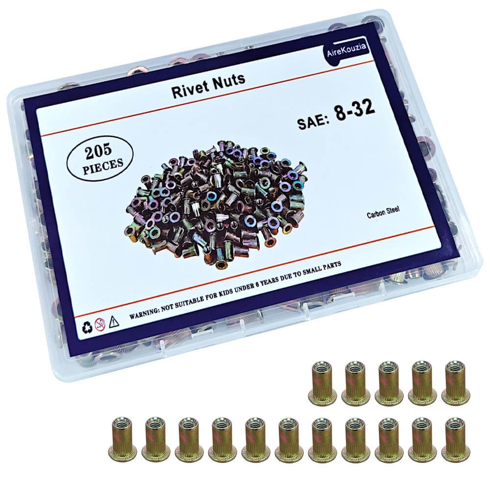 AireKouzia SAE 8-32 Rivet Nut Kit - 205Pcs RIV Nuts Carbon Steel Flat Head Rivnut Threaded Insert for Metal and Wood, Knurled Body Rivnuts Set