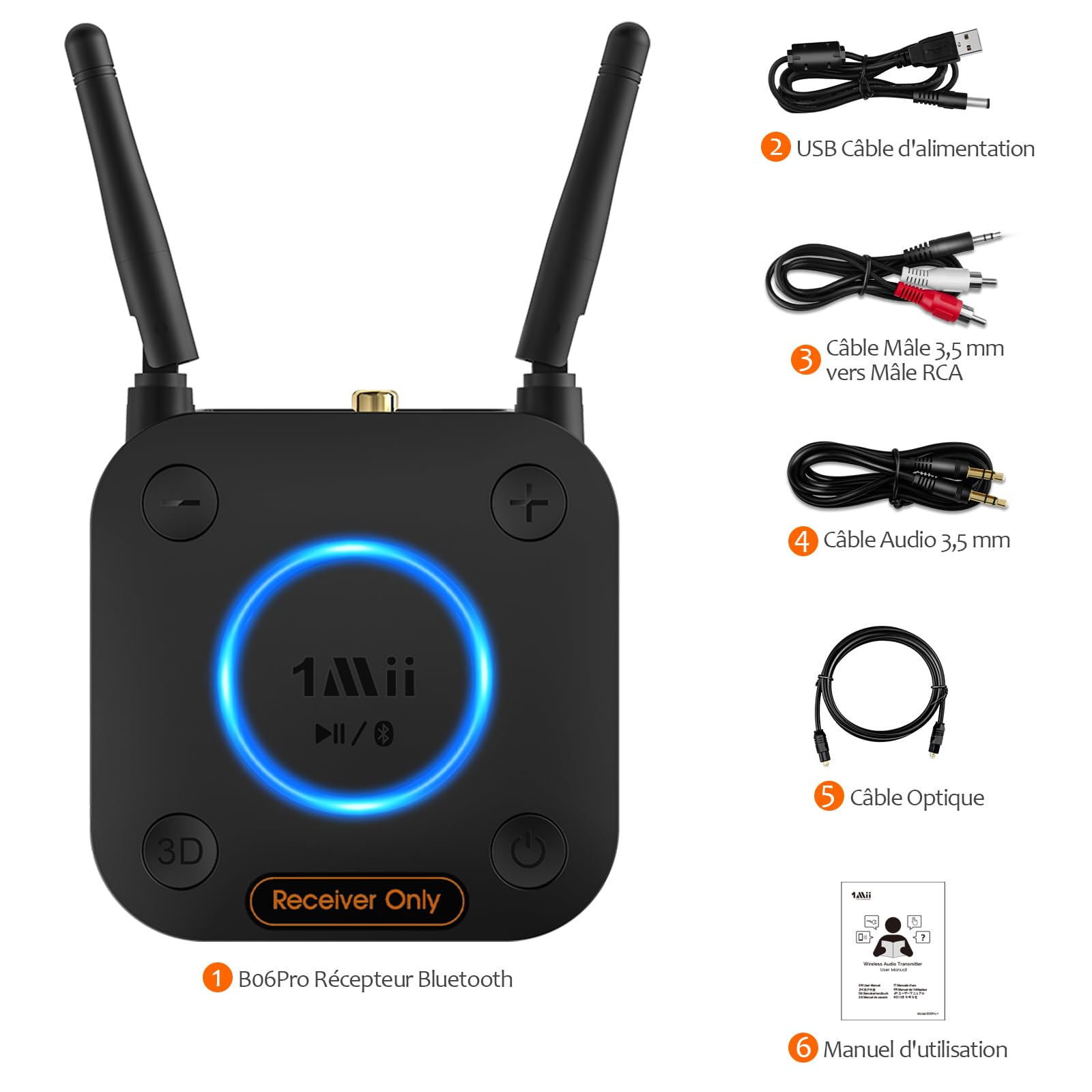 1Mii B06Pro Recepteur Bluetooth 5.3, Longue Portée Adaptateur Audio sans Fil Hi-FI, avec 3D Surround aptX HD&LL, RCA Optique AUX 3,5 mm Coaxial pour Système Stéréo Domestique