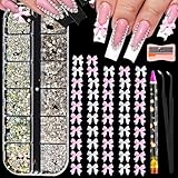 FSpronail 3D Nail Charms Bow Nail Gems and Rhinestones Set 12 Grid AB Crystals Rinestone Pink&White Bows Charms for Nail Art DIY Decoration Design, with Tweezers and Wax Pencil Tools