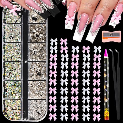 FSpronail 3D Nail Charms Bow Nail Gems and Rhinestones Set 12 Grid AB Crystals Rinestone Pink&White Bows Charms for Nail Art DIY Decoration Design, with Tweezers and Wax Pencil Tools