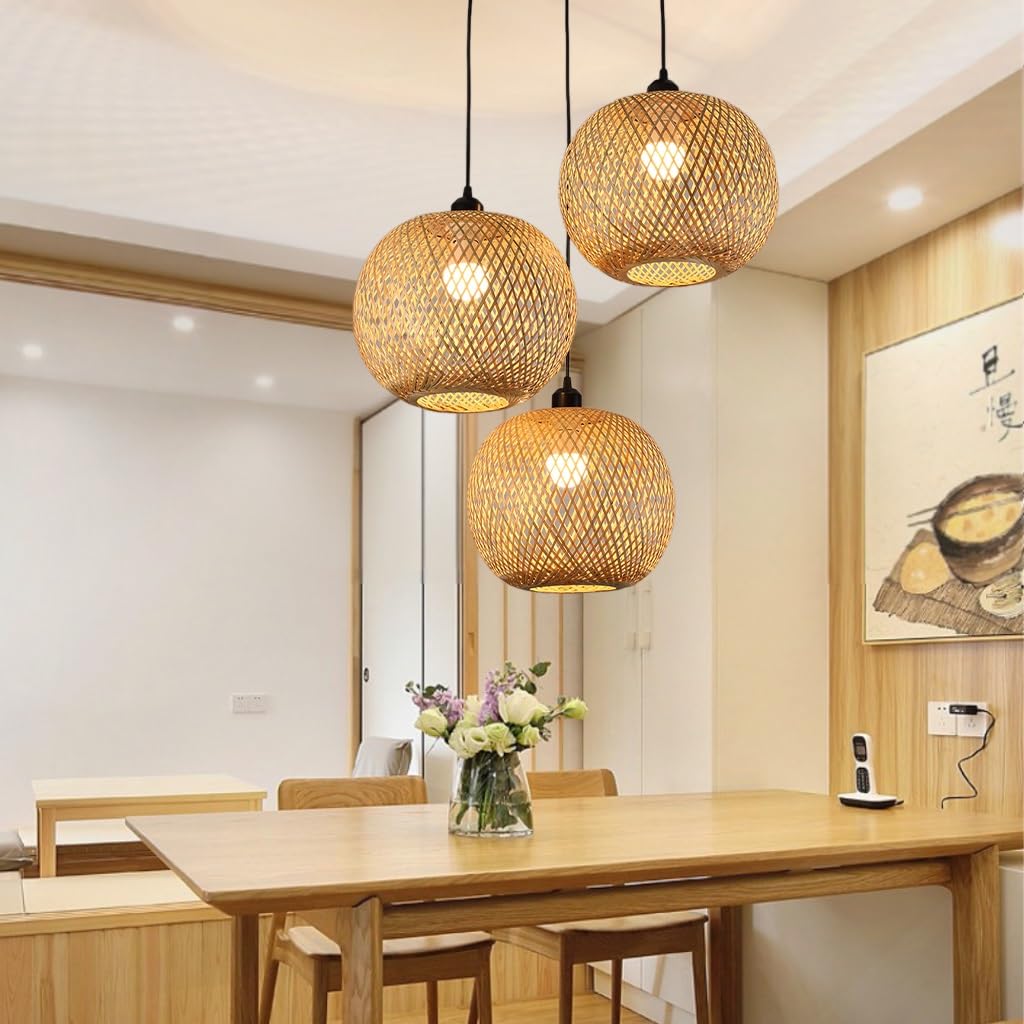 Lampada A Sospensione Di Bambù Di Salice Naturale Vintage Base Nera Tre Luci A Sospensione E27 * 3 Bambù Vine Shade Ristorante Di Bambù Lampade Di Bambù Cucina, Soggiorno, Caffè, Bar