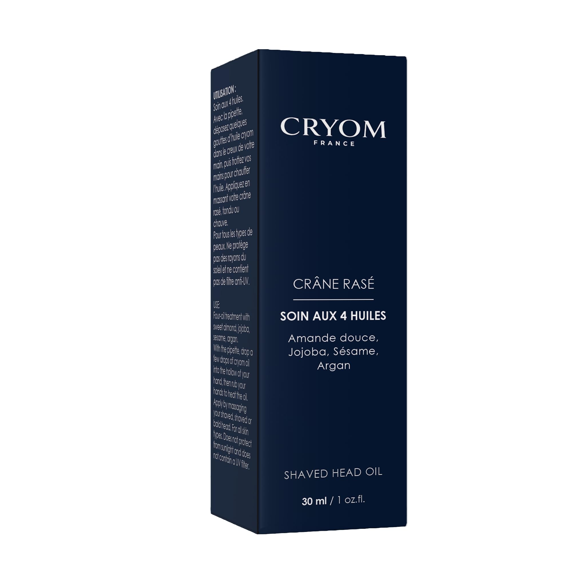 Huile pour crâne rasé, tondu ou chauve (huiles d'Amande douce, Jojoba, Sésame et d'Argan), flacon pipette de 30 ml, 99% d'ingrédients d'origine naturelle, cosmétique pour hommes.