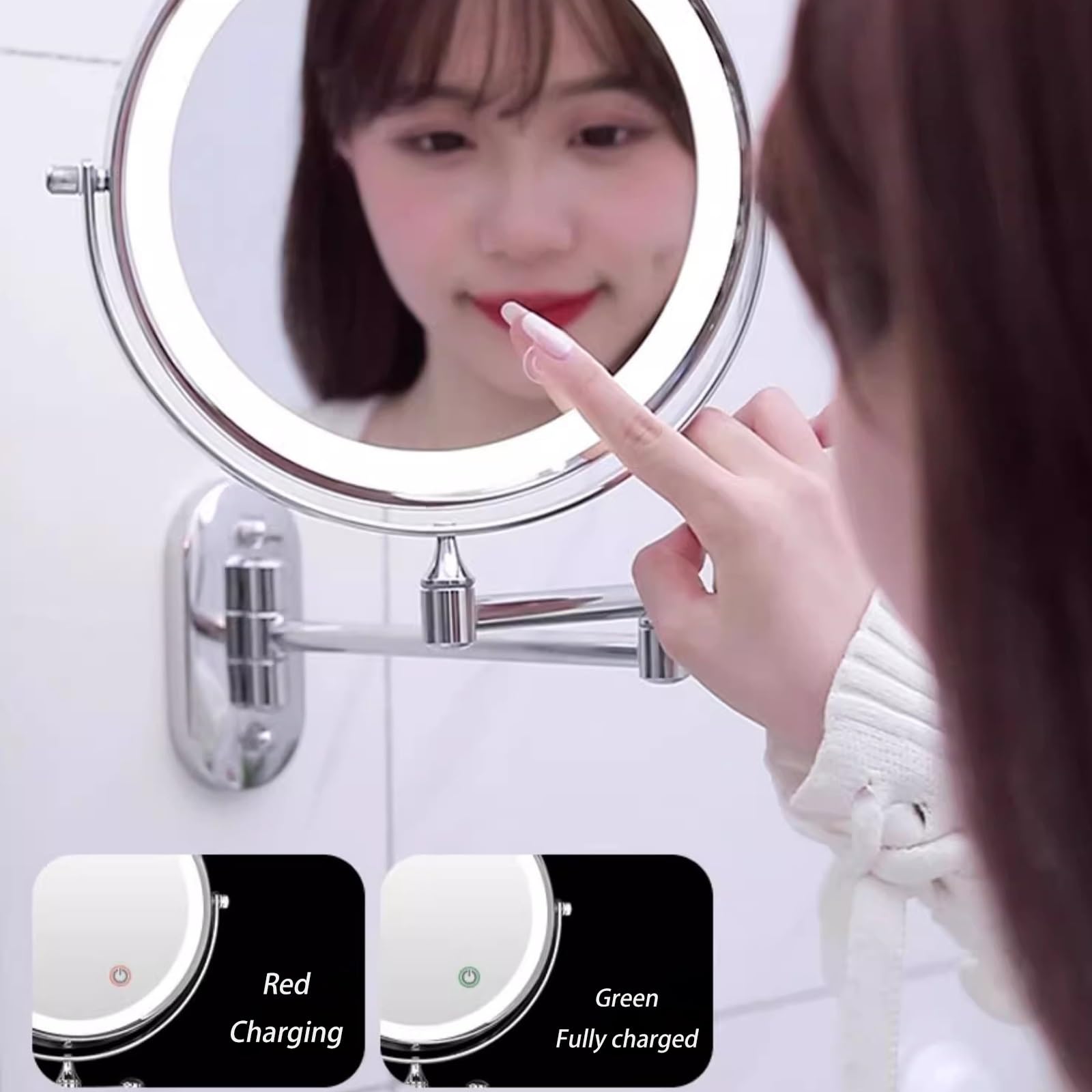 HJXGQJM Specchio Trucco Con Ingrandimento 3X/1X, Specchio Da Parete LED 3 Colori Di Luce, Specchio Estensibile, Rotazione A 360°, Per Bagno Hotel Spa, Braccio Pieghevole Estensione(Silver)