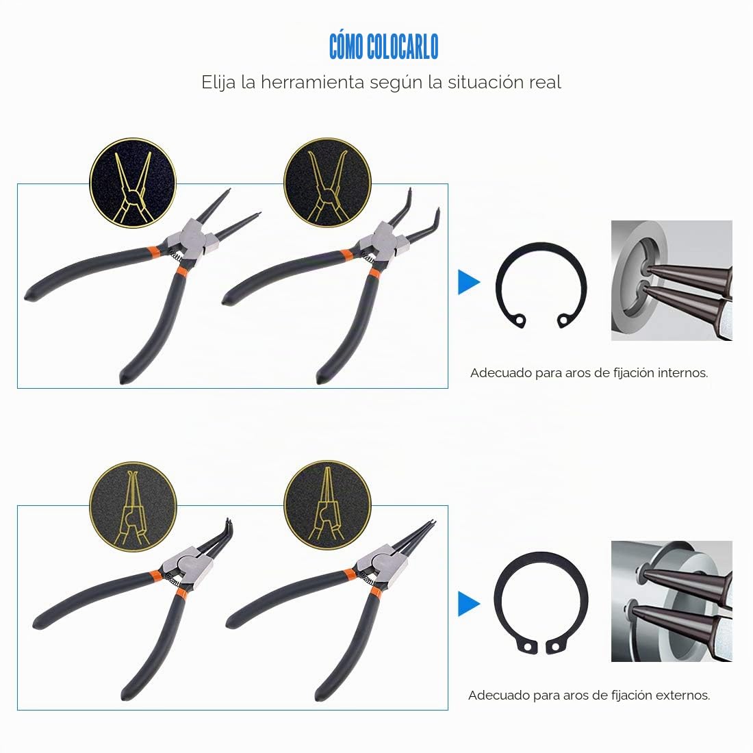 Glarks 4 alicates de anillo de presión interno/externo de 7 pulgadas con 4 ganchos de precisión para quitar anillos de retención y quitar mangueras, juntas