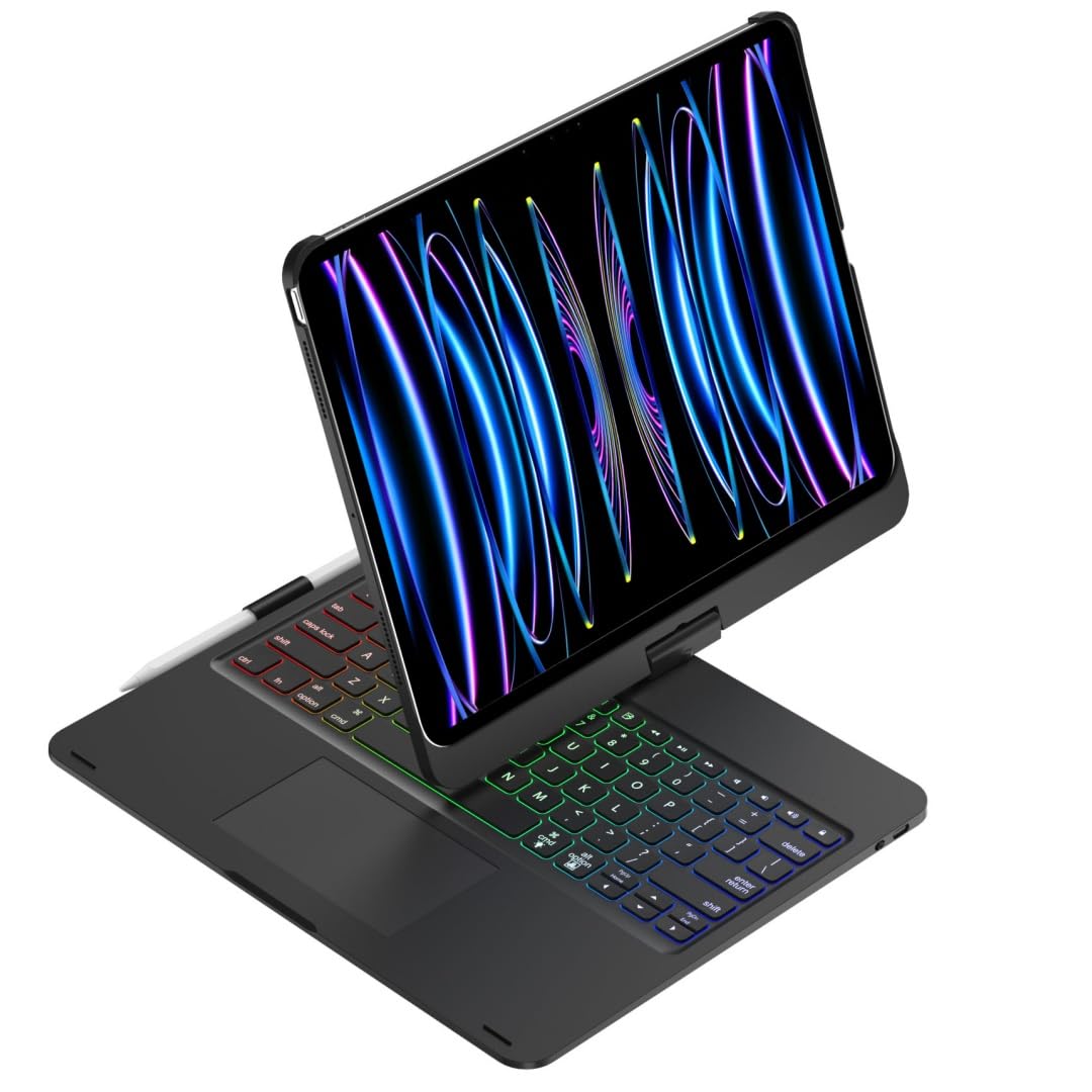 kaidisen 360° Rotatable iPad Pro 13 inch M4 Keyboard Case with Touchpad and 7 Color Backlight Foldable Backlit Keyboard 360 Rotating,Black