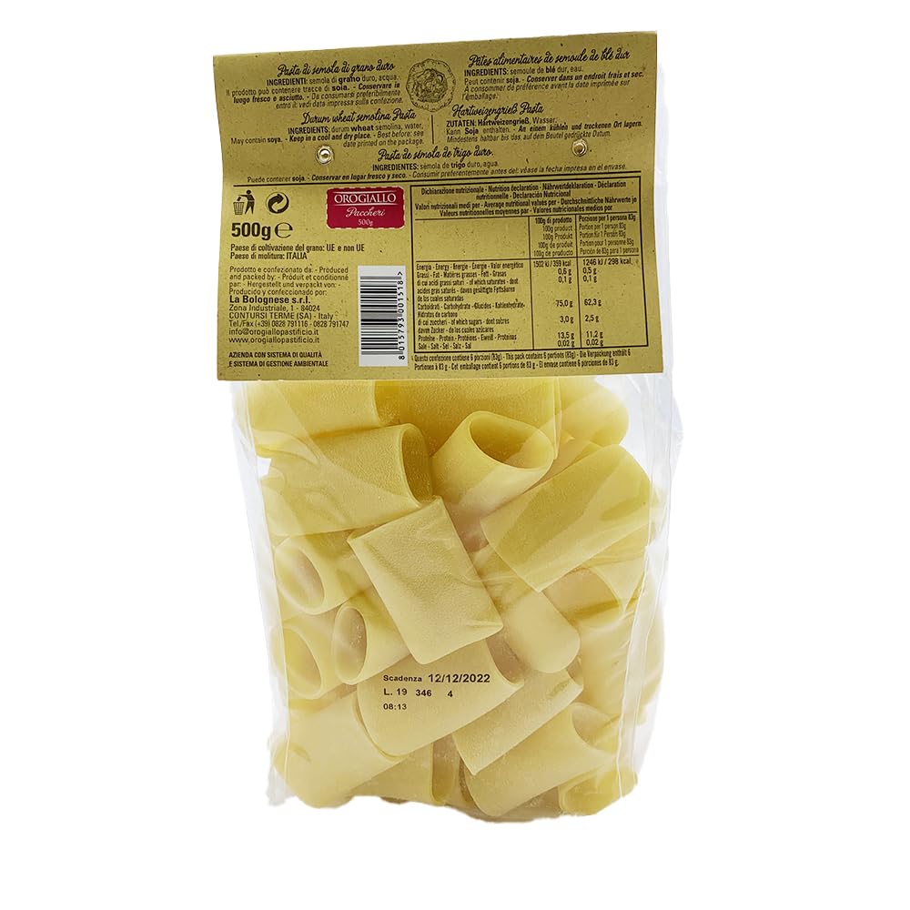 Oro Giallo Paccheri Pasta, 12 pastas italianas de sémola de trigo duro, 500 g + lata italiana Gourmet Polpa di Pomodoro de 400 g