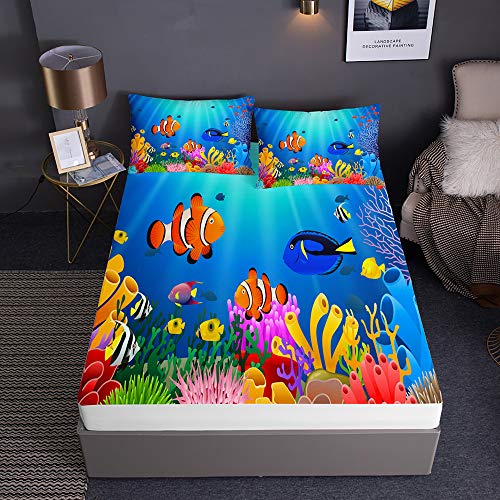 Chickw1 Drap Housse avec Taies d'oreillers, Monde de l'océan Impression Housse de Matelas Protège en Microfibre avec Bonnet 30cm - Antidérapants Résistant aux Rides...