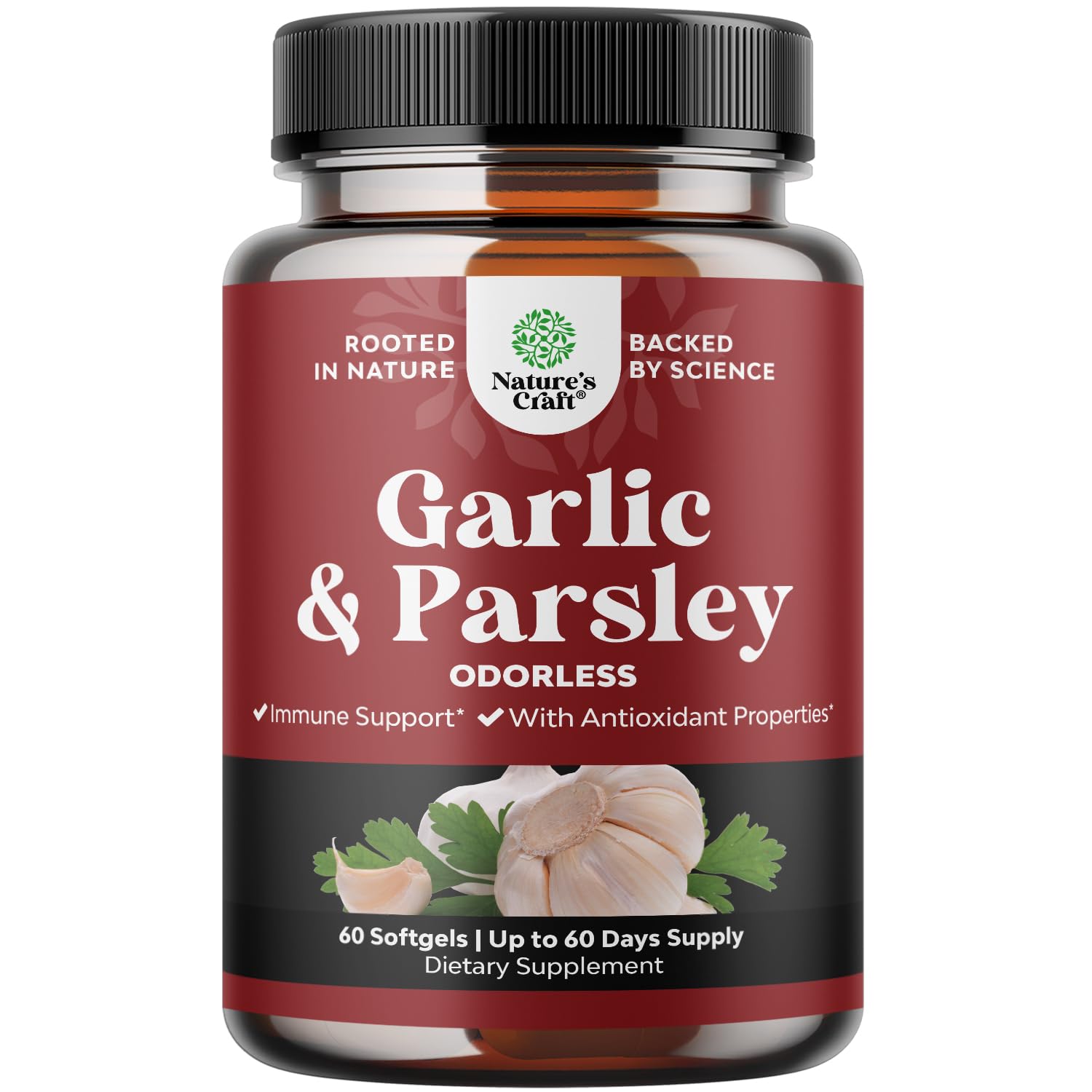Concentrated Odorless Garlic Softgels - Parsley Extract & Aged Garlic Supplements for Circulatory Health, Digestion, Immune Support & Liver Detox - Parsley Softgels for Gut Support - 60 Ct