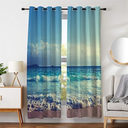 Miniatura 7 de Cortina opaca con ondas oceánicas, cortina para ventana de playa, 2 paneles para dormitorio, sala de estar, cocina, 52 x 63 pulgadas