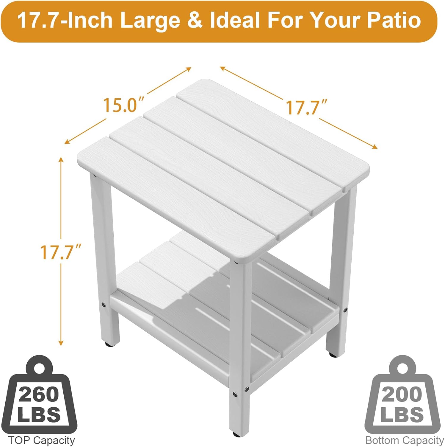 Outdoor Side Table, 17.7-Inch Small Patio Adirondack Side Table with Adjustable Feet, Outdoor End Table for Porch Deck Balcony Pool, All-Weather HDPE Material Easy Maintenance, White