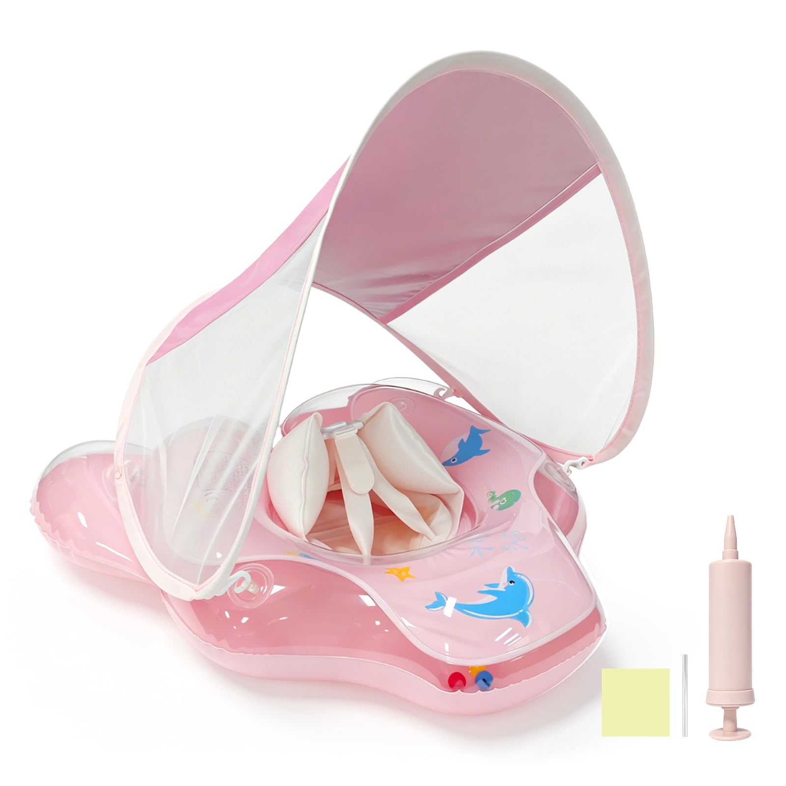 Flotador de Bebé con Toldo Solar, Tiburón Rosa para Niños 12-36 Meses, Flotador de Piscina Hinchable con Cámaras Elevadas Antivuelco y Arnés de Seguridad