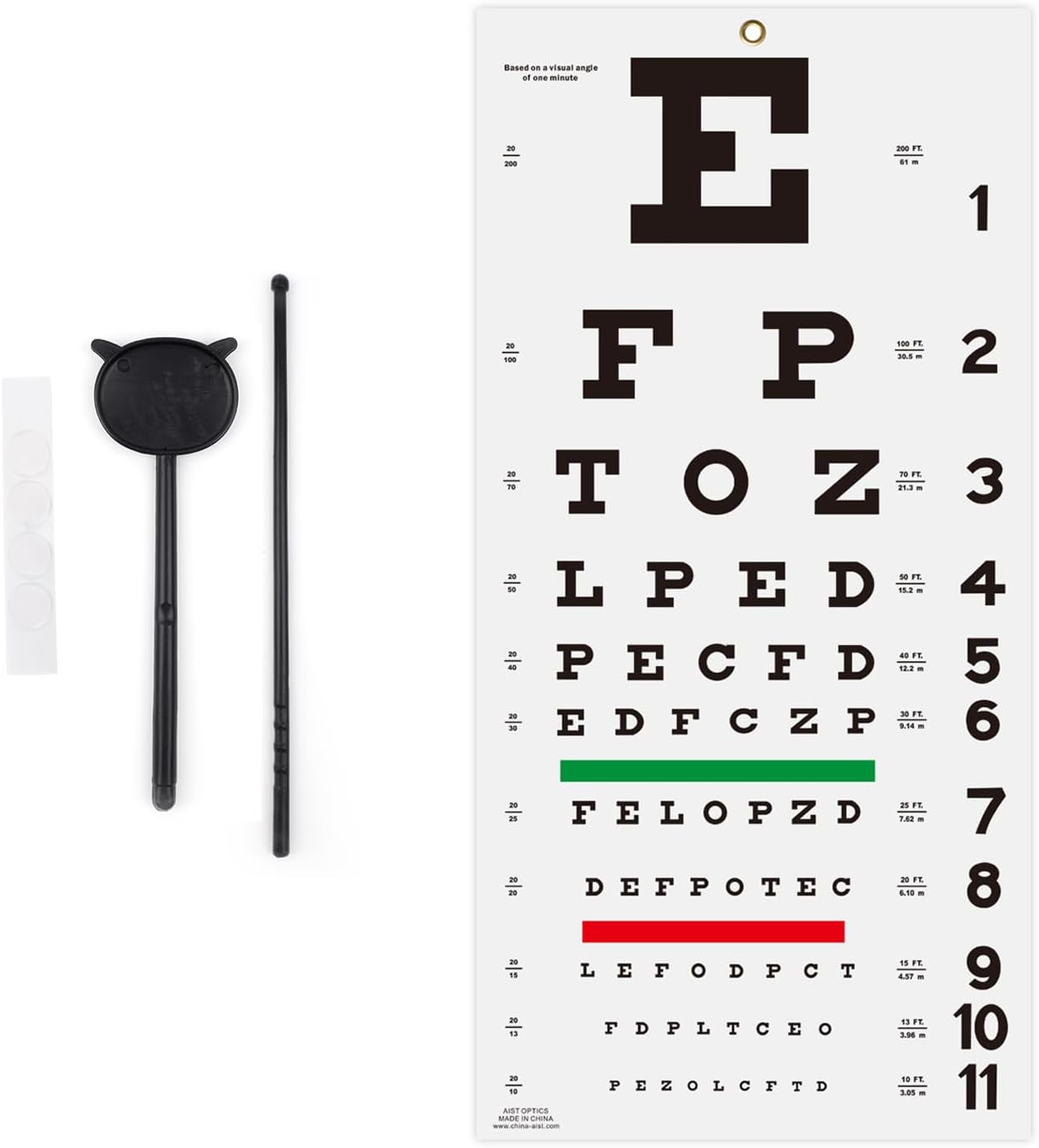 Snellen Eye Chart with Fixing Sticker 11x22 in Eye Charts for Eye ExamsIdeal for Doctor's OfficeSchool, Home with Eye occluder and Pointer 4 Fixation Patches
