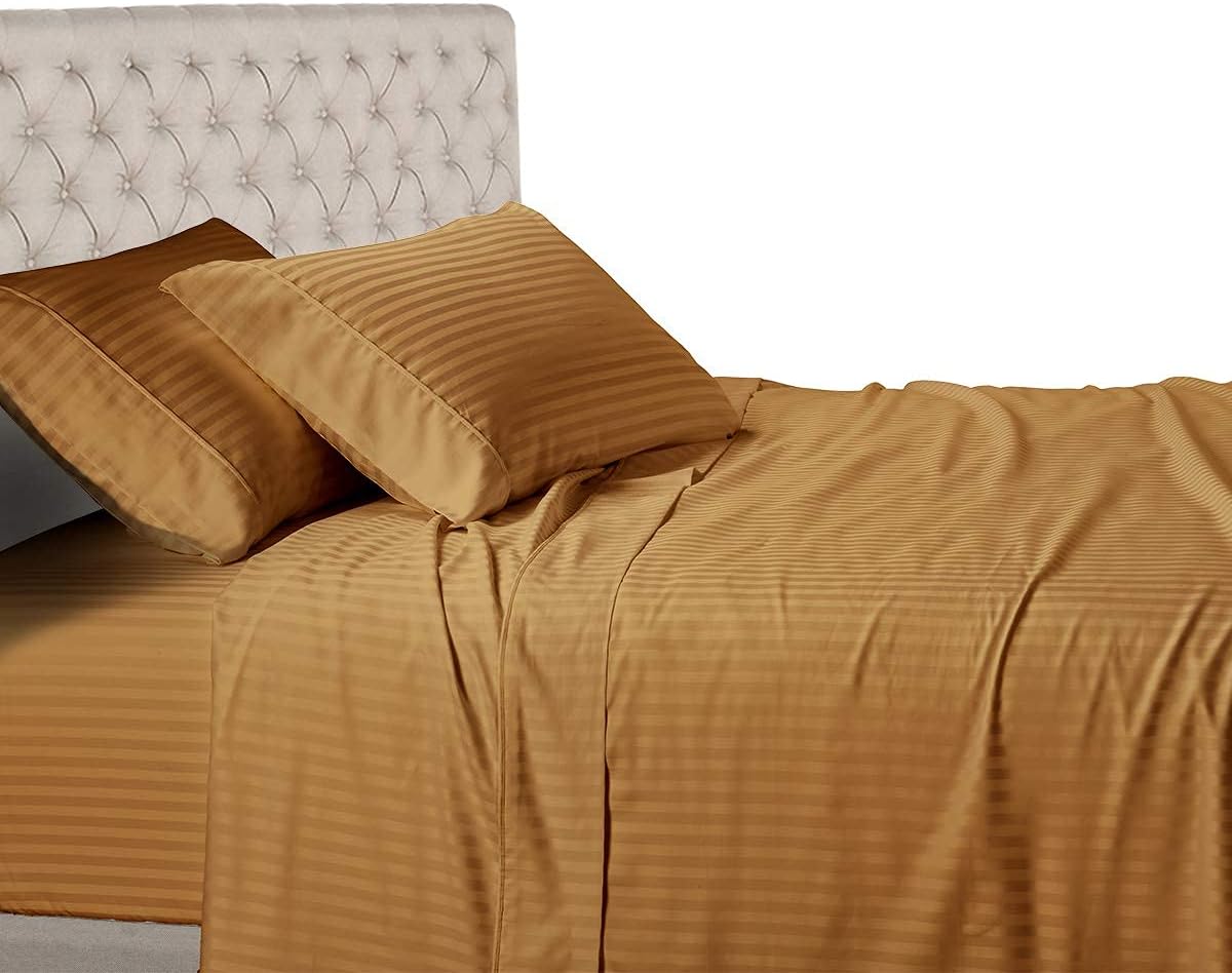Review Discount Royal Hotel Stripe Sheets - 600 Thread Count - 4PC Bed Sheet Set - 100% Cotton - Sateen Stripe, Deep Pocket, Queen Size, Chocolate