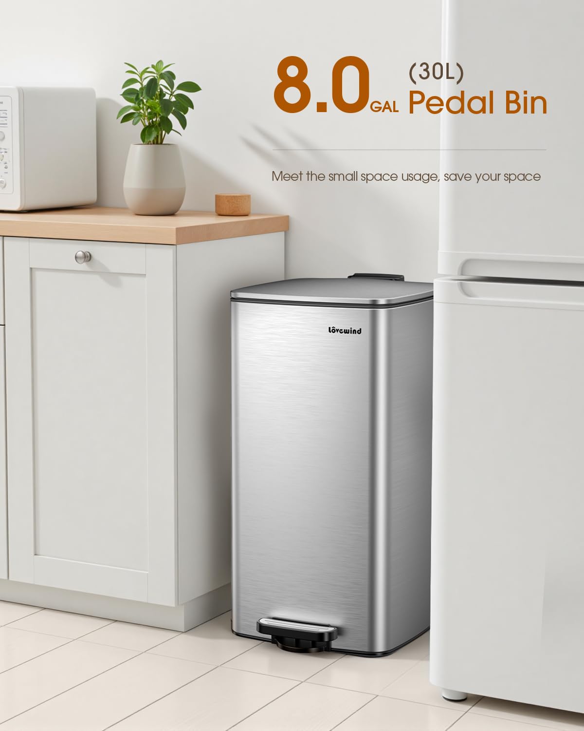 Lovewind Kitchen Trash Can with Lid, 8 Gallon/30 L Footstep Garbage Can for Kitchen Bedroom Home Office, 30 Liter Trash Bin Brushed Stainless Steel Waste Bin with Soft-Close Lid,Silver - Image 2