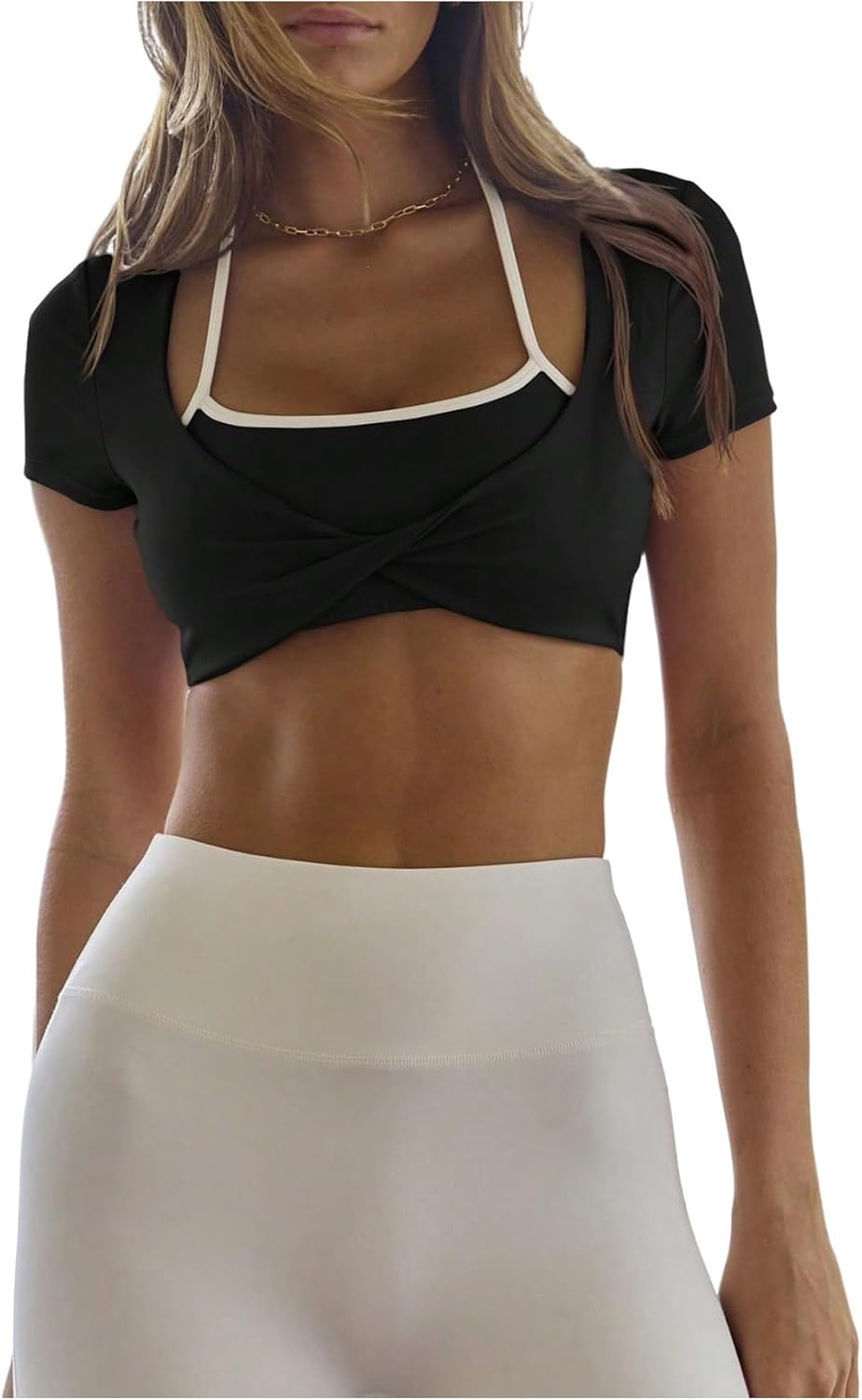 MakeMeChic Women's Athletic Halter Tops Micro Crop Short Sleeve Twisted 2 in 1 Workout Gym Shirts