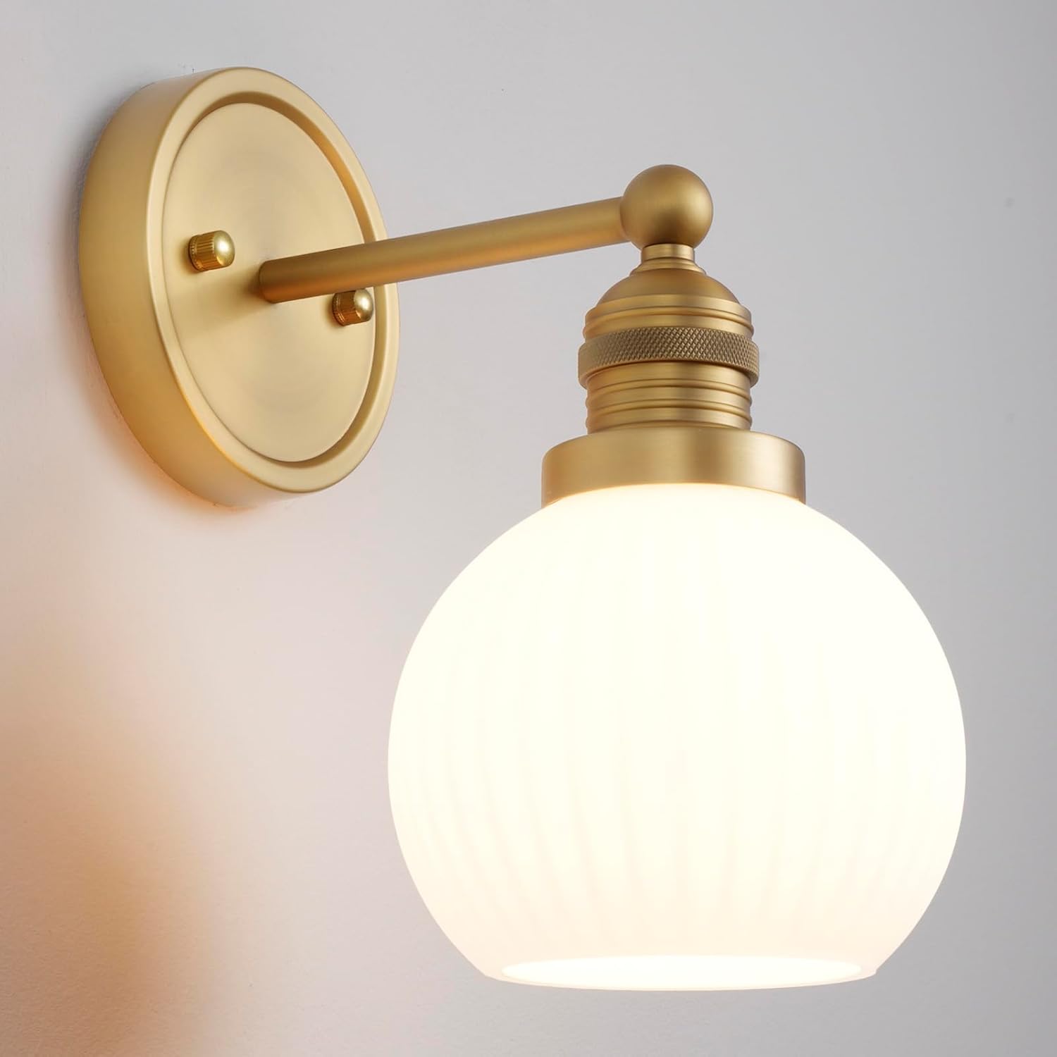 Brushed Brass Wall Sconce Vintage Milk White Glass Vanity Light Hardwired Gold Wall Mounted Lamp for Bathroom Mirror to Elevate Decor & Refresh Older Home’s Look E26