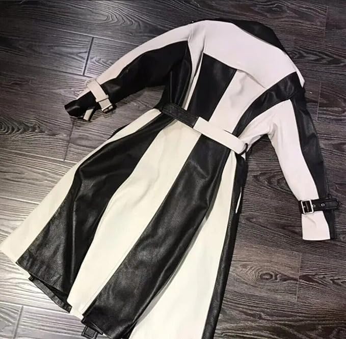 Womens Handmade Real Lambskin Leather Trench Coat, Two Tone, Full Length, Casual Long Coat3