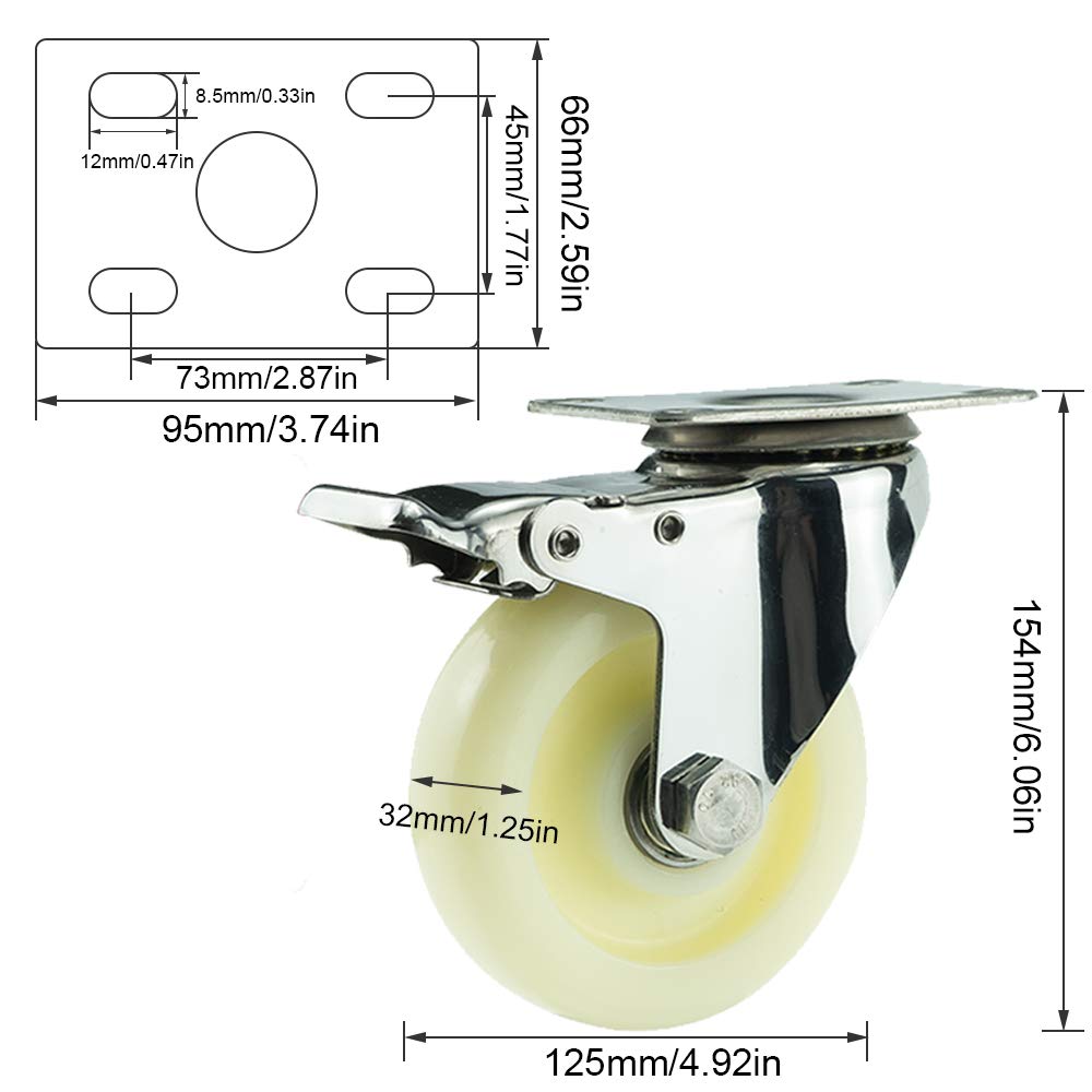 Jolan 4 Piezas,Ruedas De Nailon De Alta Resistencia,con Frenos,Ruedas De Transporte,Ruedas para Mueble,Carga De 400KG,Rotación De 360 °,Ruedas De Carro.,4 Brakes,125mm