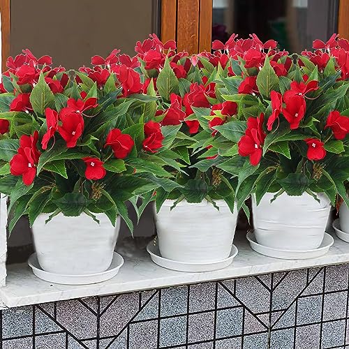 2 Pcs Artificial Impatiens Flowers for Outdoors Faux Impatiens Bushes Red Silk Flowers Greenery Faux Flowers for Outdoor Planters Patio Lawn Garden Balcony Pot Hanging Basket Porch image 2