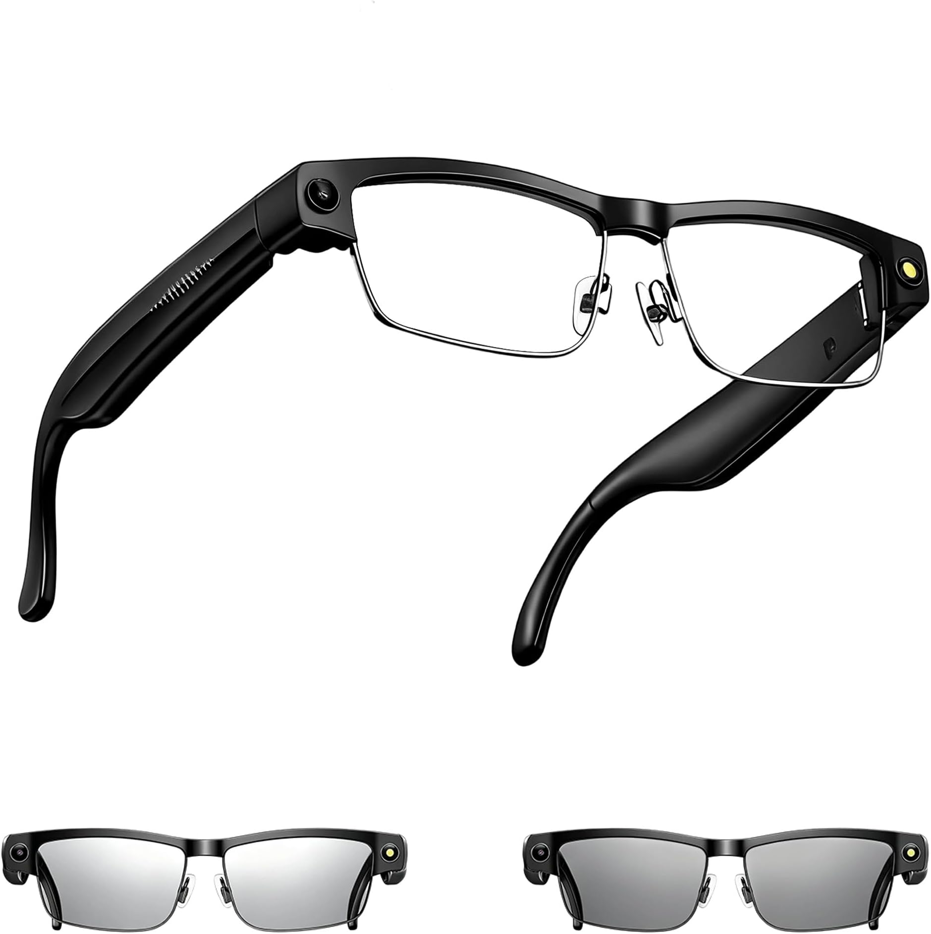 Smart Bluetooth Sunglasses with Camera, Metal Frame, Auto Color-Changing Lenses, 8MP Camera, WiFi, Translation, Music Streaming, Black