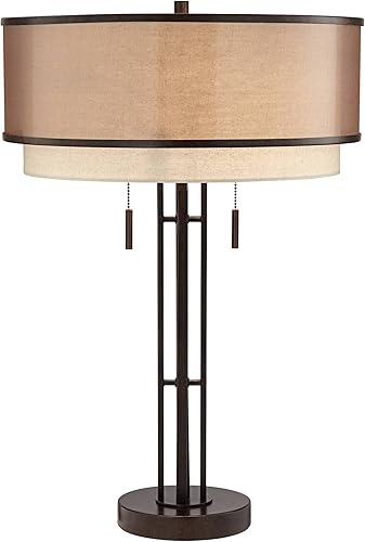 Miniatura 8 de Franklin Iron Works Andes - Lámpara de mesa industrial moderna de 27 12 pulgadas de alto, bronce aceitado, marrón, metal, apilada, doble tela,