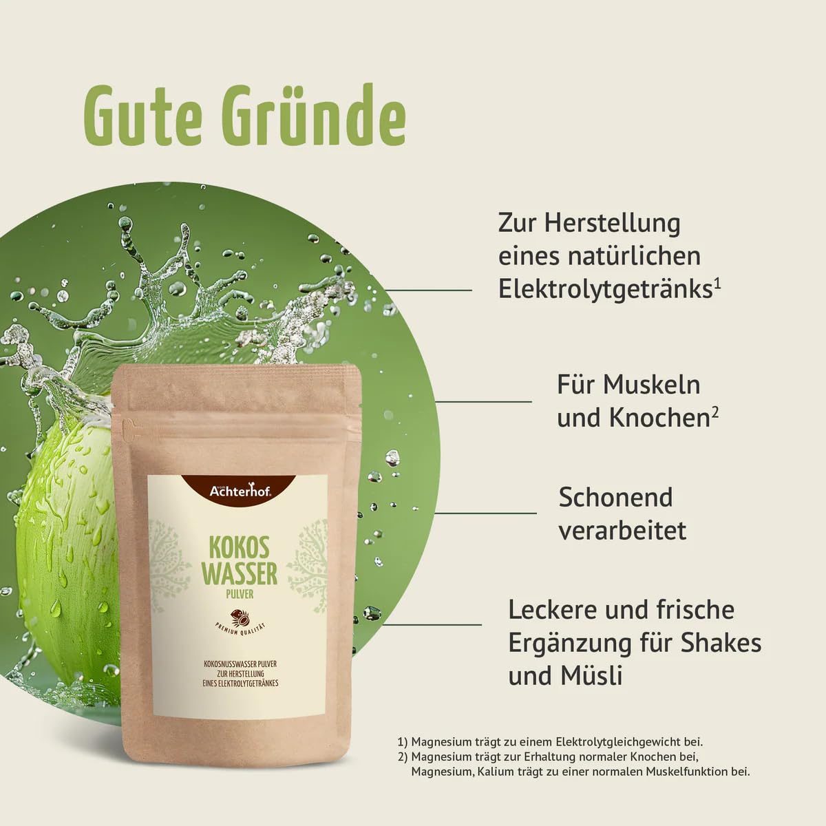 Kokoswasser Pulver 250g |erfrischende natürliches Elektrolyte-Getränk mit Magnesium & Potassium | schonend getrocknet | Achterhof