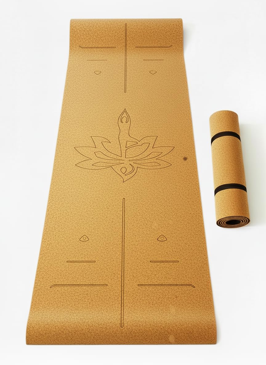 Cork Yoga & Pilates Mat – Eco-Friendly Non-Slip Cork with TPE Backing – 183x61.5cm – Includes Free Carry Strap – Lightweight & Durable – Recycled Packaging (Lotus Flower)