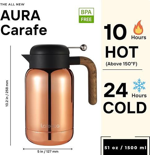 Aura - Jarra térmica de café  Olla de té de acero inoxidable aislada al vacío y jarra de agua, mantiene las bebidas calientes o frías, sin BPA,