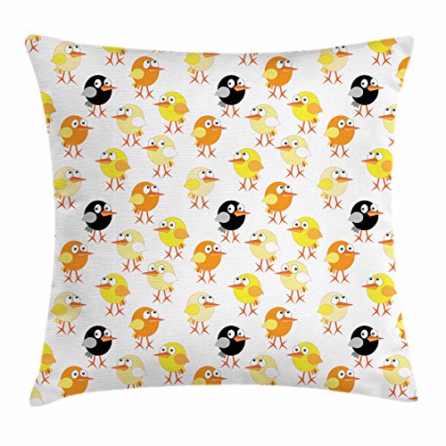 Lunarable Birds Throw Pillow Cushion Cover, Cartoon Design with Oval Shaped Chickens of Many Colors, Decorative Square Accent Pillow Case, 16