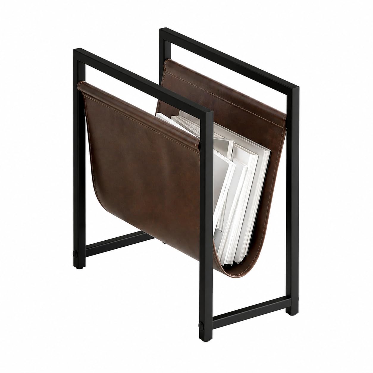 EMIDECO Porte-revues métal noir cuir marron foncé – Range magazines design moderne – Support journaux livres – Rangement gain de place salon bureau – Porte magazine élégant