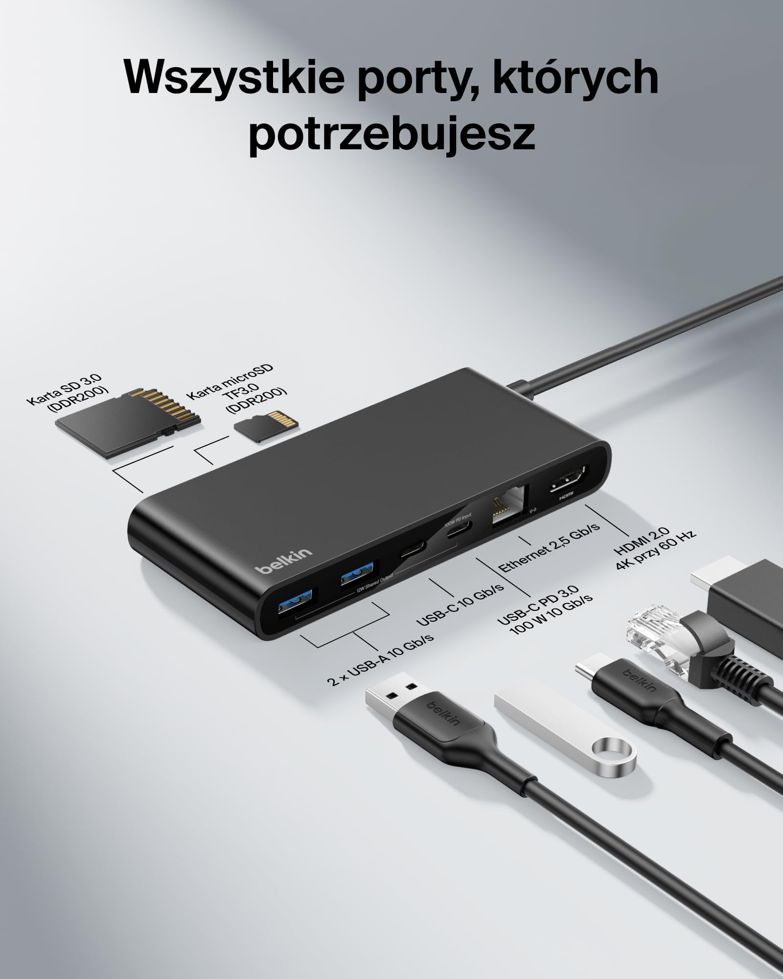 Belkin Connect 8-portowy USB C Hub, Obsługa Wyświetlaczy do 4K przy 60 Hz – Działa z Urządzeniami Mac, Windows i Chromebook – 100 W PD, Transmisja Danych 10 Gb/s, Ethernet 2,5 Gb/s – Czarny
