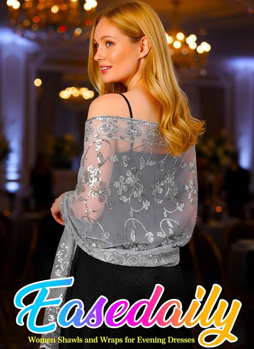 EASEDAILY Women's 1920s Shawls and Wraps for Evening Party Dress Sparkling Sequin Deco Wedding Scarf for Bride - Image 2