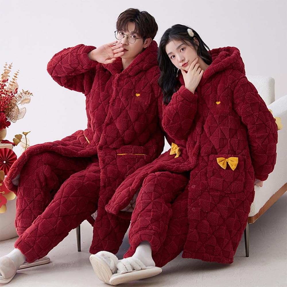 BEDAW Pigiami Spessi in Velluto di Corallo per Coppie, Set di Homewear Caldi, con Pigiama + Veste