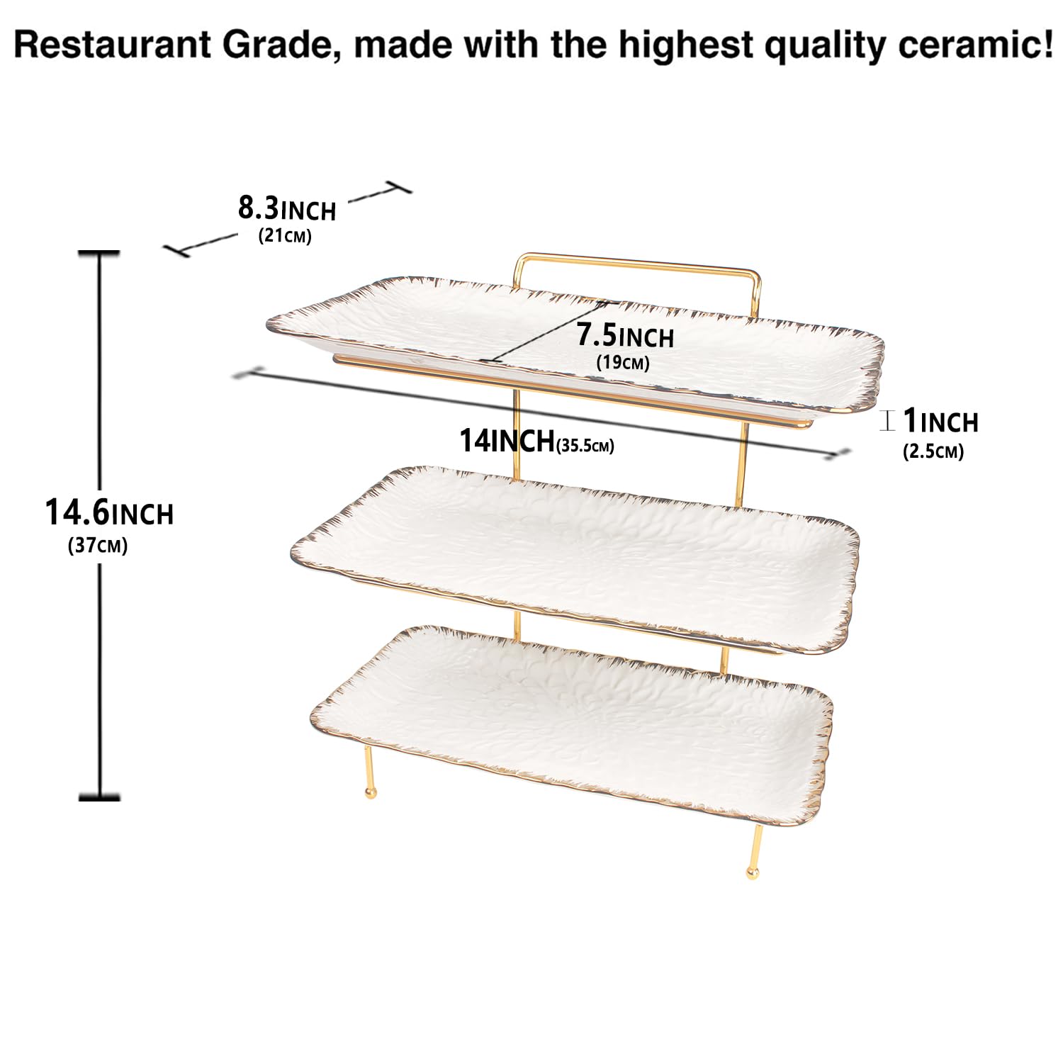 LIUYWYHCF 3-Tier Serving Rack with Ceramic Serving Tray, Foldable Gold Stand with 3 Pieces 14 Inch Gold Rim Large Plates for Food Display, Fruit, Dessert Server Display and Entertaining