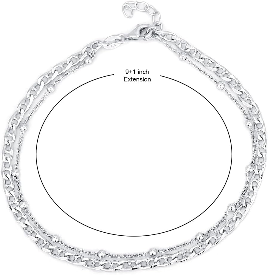 Vanbelle Sterling Silver Jewelry - Rhodium Plated 925 Stamp - Double Layered Beaded Chain Anklet - Foot Jewelry Stylish Beautifully Designed - 9" Long + 1" Extender - Image 4