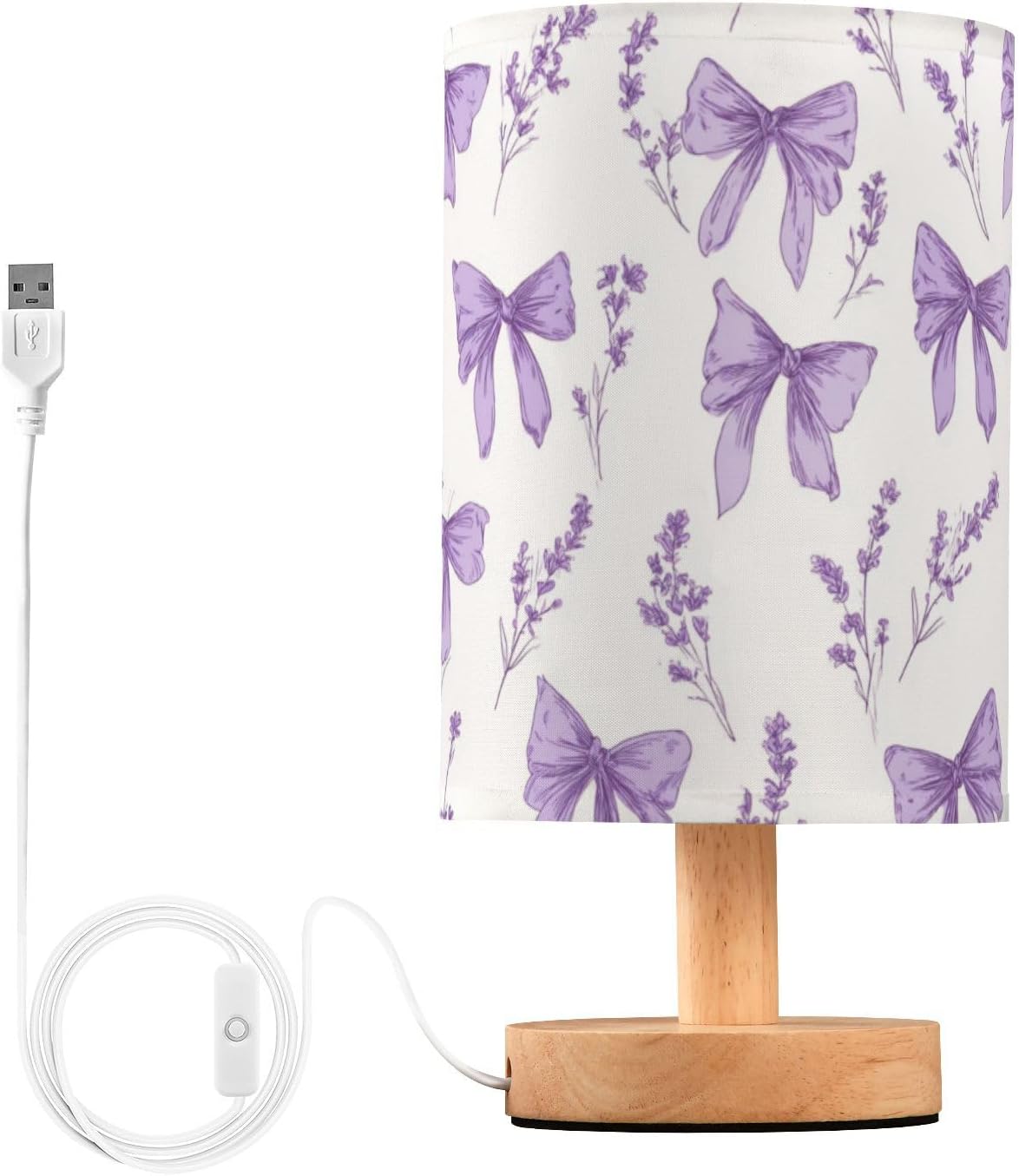 Lavender Bows Purple Table Lamp Cute Lamp with Round Fabric Linen Shade for Bedrooms, Guest Rooms, Living Rooms, Study Rooms, Offices, Desks
