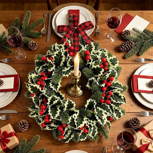 13.78in Christmas Wreath with Berries Plaid Bow for Front Door Wall - image 6