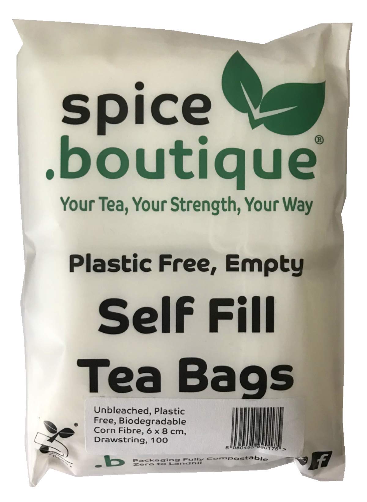 spice.boutique Unbleached Corn Fibre Self Fill Teabags, Plastic Free, Drawstring, 6x8cm, 100