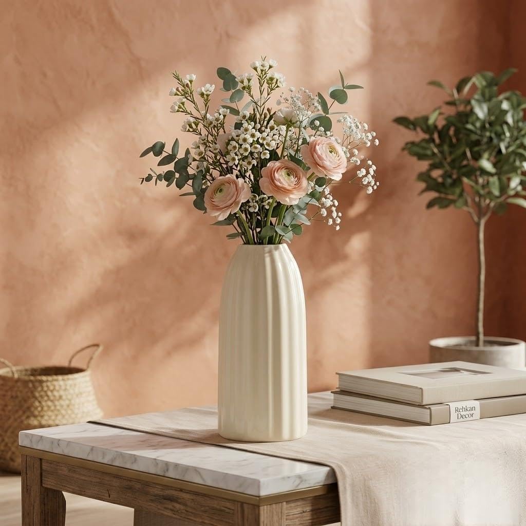 Riley Ceramic Vase, Matte Cream, Rib-Textured, 30cm x 12cm, for Tabletop and Console Decor-image-40