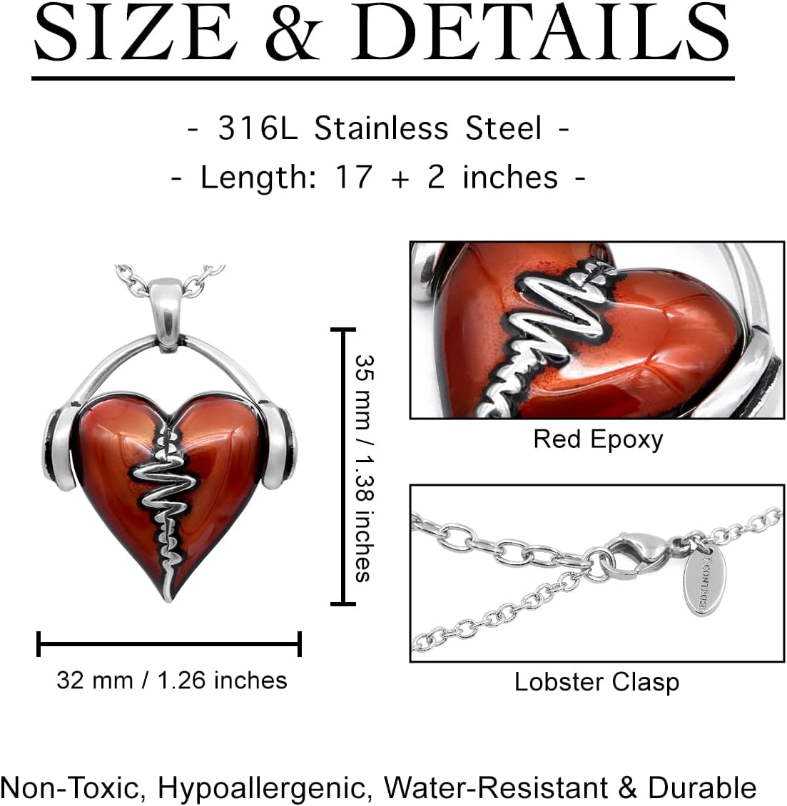 Controse HeartBeat Heart Necklace with Pendant (17" - 19" Adjustable Stainless Steel Chain) - Image 4